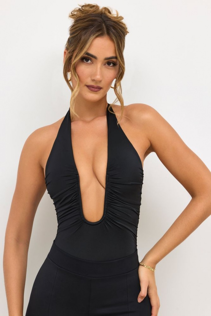 Black Oh Polly Agata Premium Jersey Plunge Neck Bodysuit | IHKV-94251