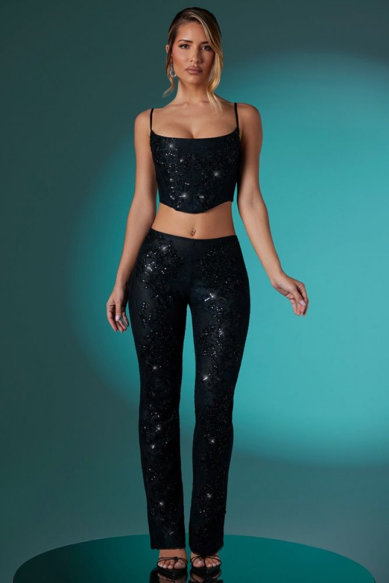 Black Oh Polly Agyness Embellished Lace Corset Crop Top | QGZB-84019