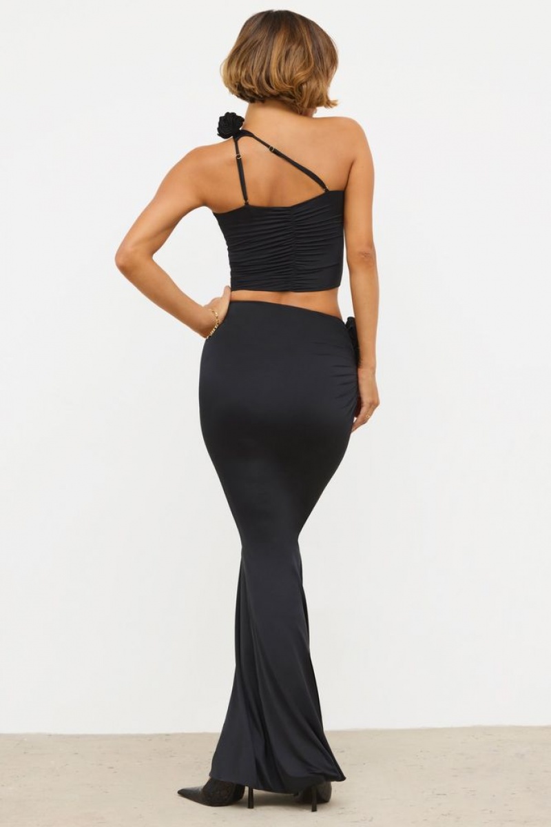 Black Oh Polly Aisling Slinky Jersey Rose Detail Mid-Rise Maxi Skirt | QPCY-98534