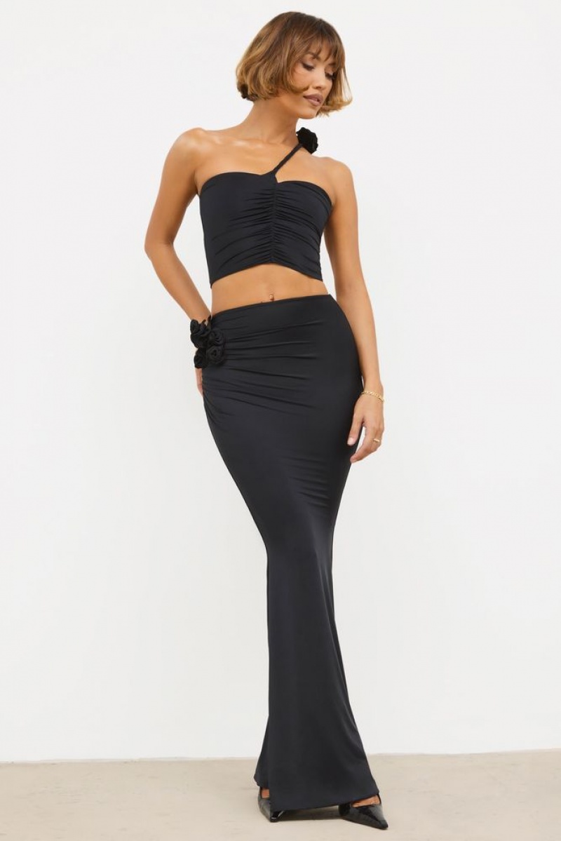 Black Oh Polly Aisling Slinky Jersey Rose Detail Mid-Rise Maxi Skirt | QPCY-98534