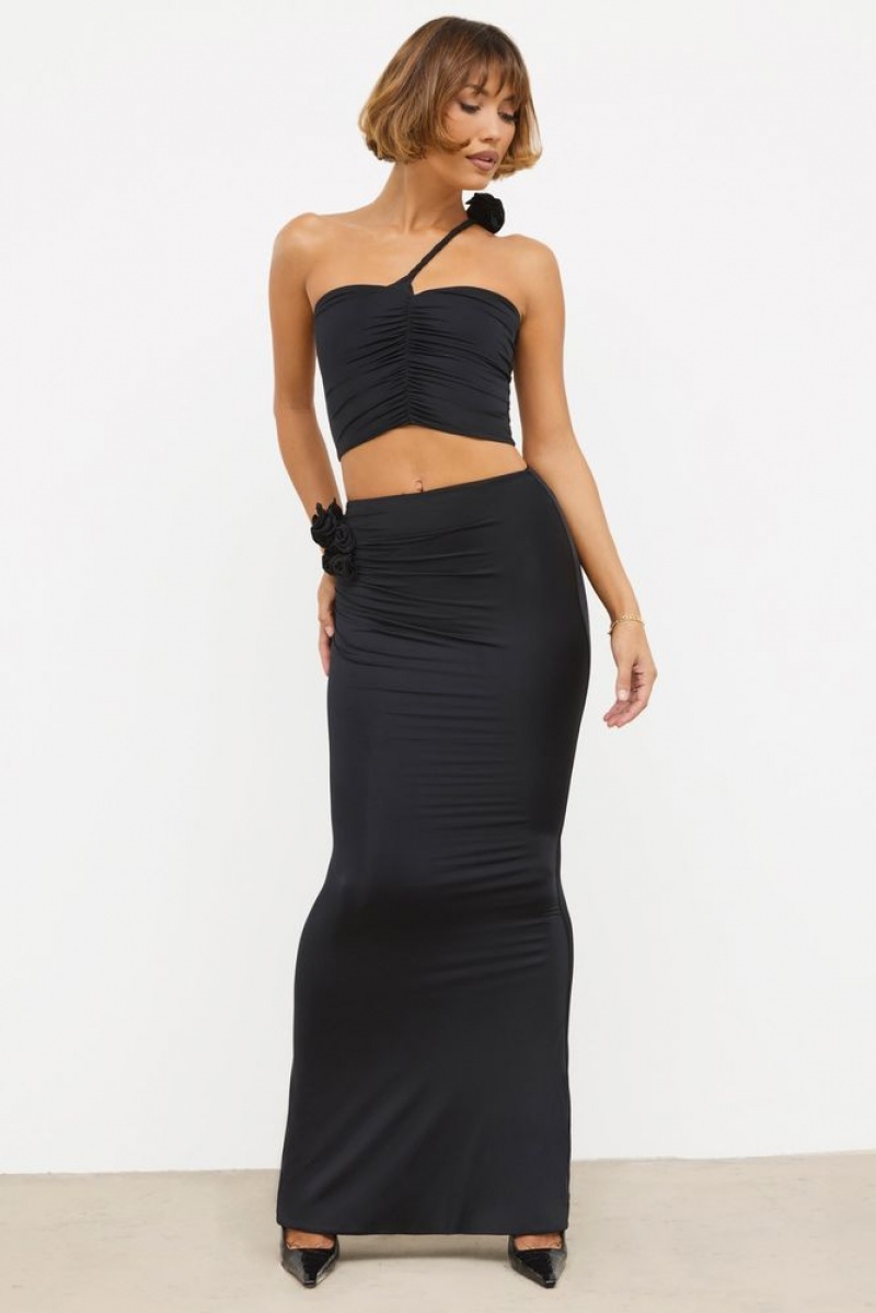 Black Oh Polly Aisling Slinky Jersey Rose Detail Mid-Rise Maxi Skirt | QPCY-98534