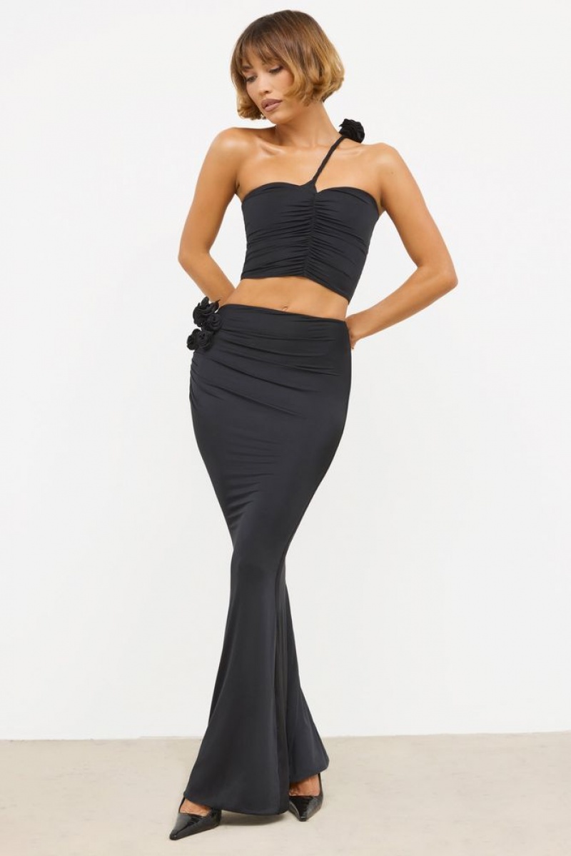 Black Oh Polly Aisling Slinky Jersey Rose Detail Mid-Rise Maxi Skirt | QPCY-98534