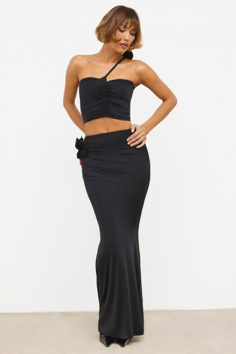 Black Oh Polly Aisling Slinky Jersey Rose Detail Mid-Rise Maxi Skirt | QPCY-98534