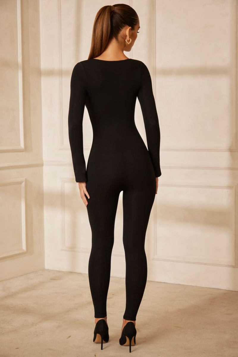 Black Oh Polly Amata Sweetheart Neckline Long Sleeve Jumpsuit | OHXG-23415