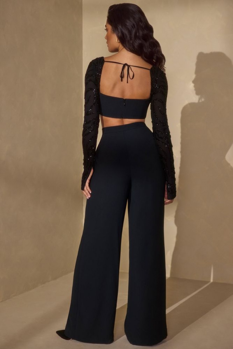 Black Oh Polly Astra Embellished Sleeve Corset Crop Top | AGZO-06735