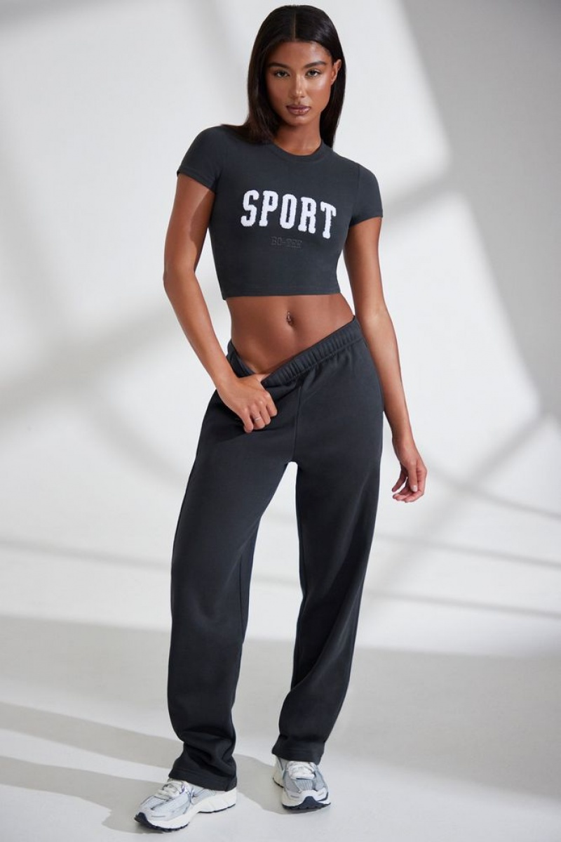 Black Oh Polly Athletics Petite Wide Leg Embroidered Back Joggers | KEJO-08362