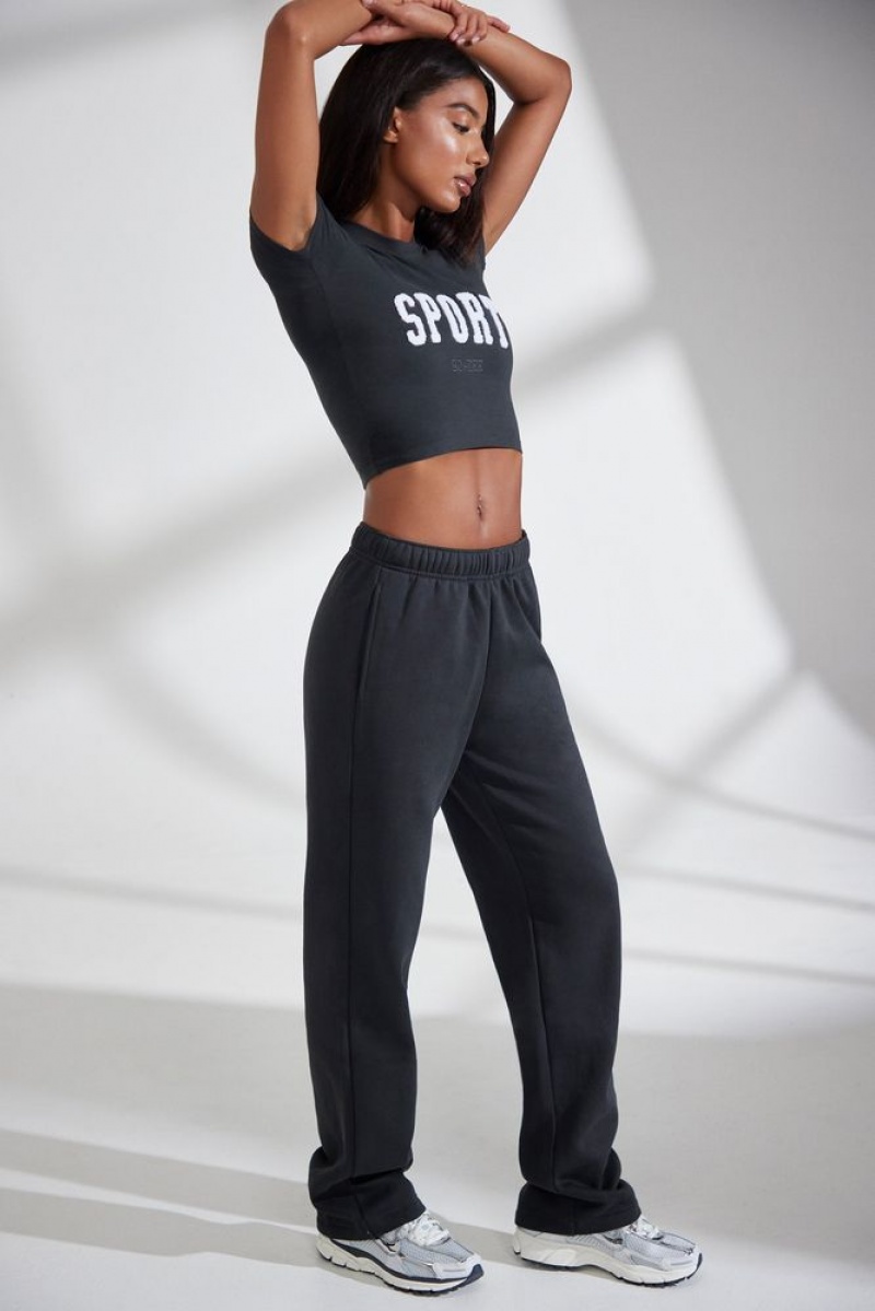 Black Oh Polly Athletics Petite Wide Leg Embroidered Back Joggers | KEJO-08362