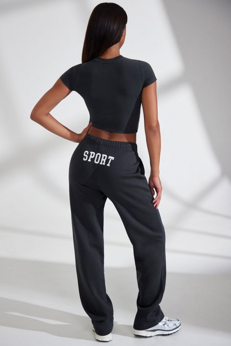 Black Oh Polly Athletics Petite Wide Leg Embroidered Back Joggers | KEJO-08362