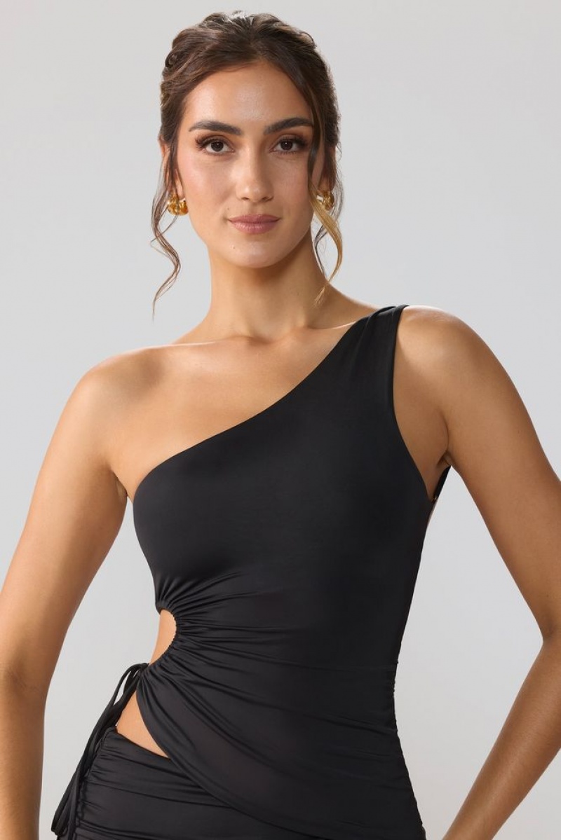 Black Oh Polly Aura Slinky Jersey Ruched Cut Out One Shoulder Top | GDMA-63490