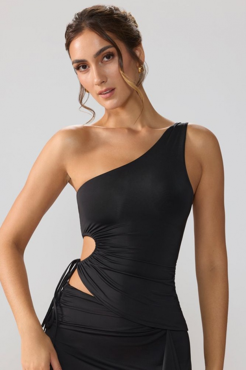 Black Oh Polly Aura Slinky Jersey Ruched Cut Out One Shoulder Top | GDMA-63490