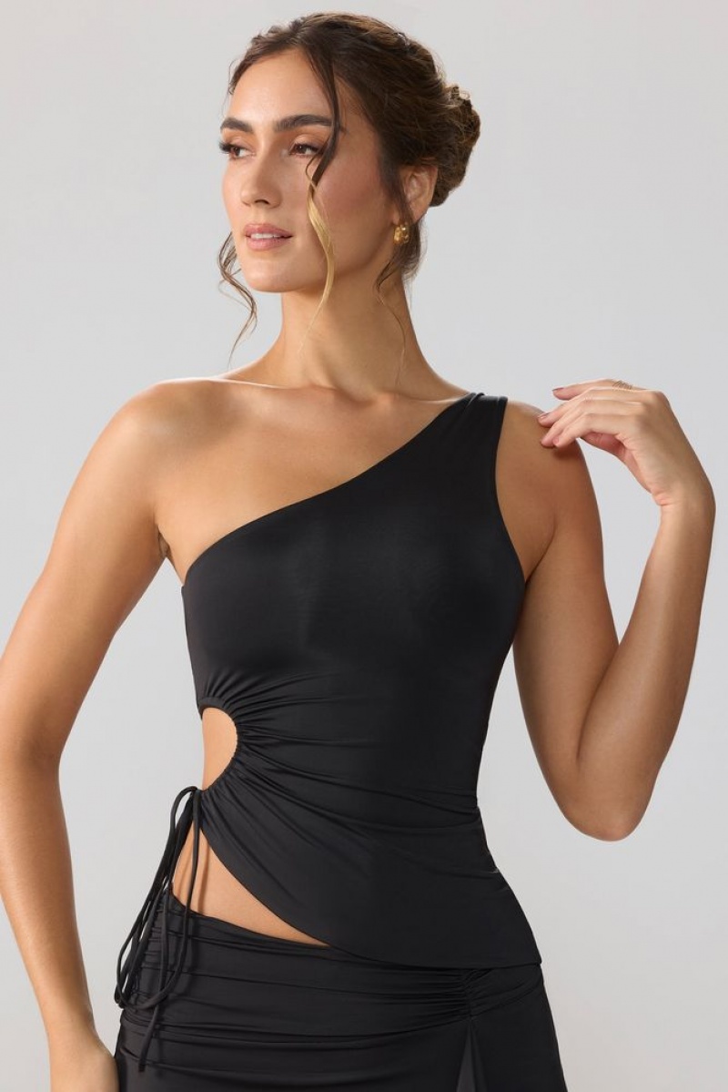 Black Oh Polly Aura Slinky Jersey Ruched Cut Out One Shoulder Top | GDMA-63490