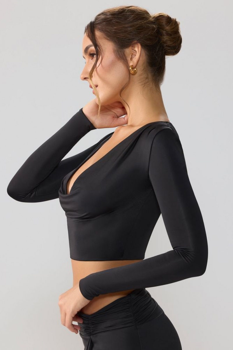 Black Oh Polly Avery Slinky Jersey Plunge Neck Long Sleeve Crop Top Top | OHED-21564