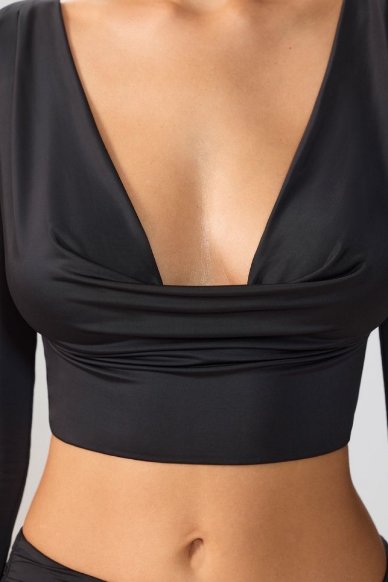 Black Oh Polly Avery Slinky Jersey Plunge Neck Long Sleeve Crop Top Top | OHED-21564