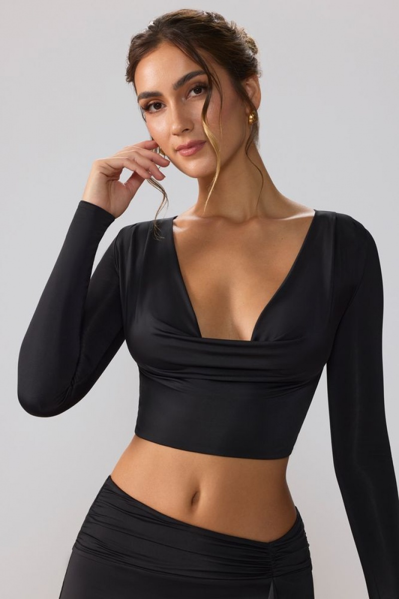 Black Oh Polly Avery Slinky Jersey Plunge Neck Long Sleeve Crop Top Top | OHED-21564