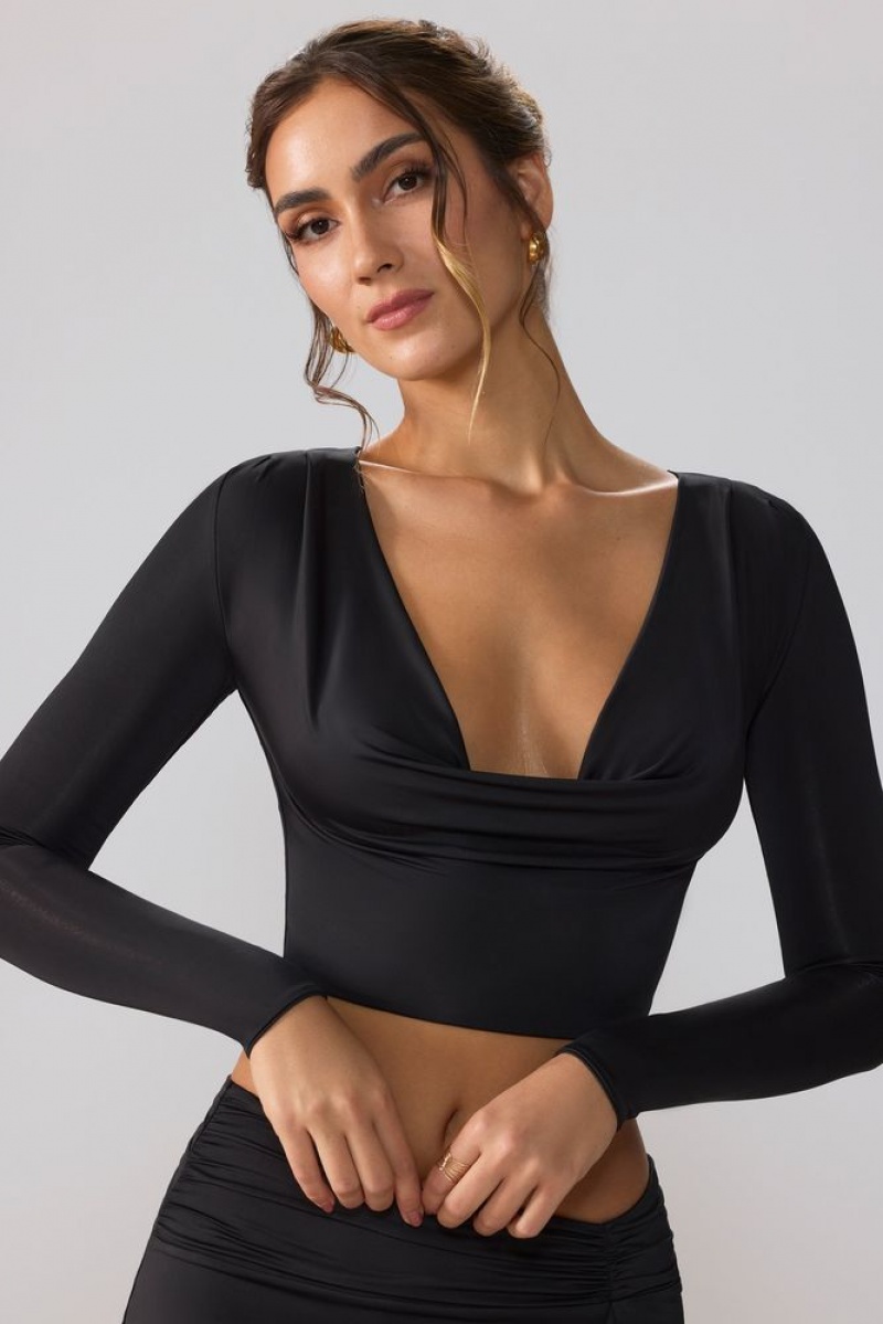 Black Oh Polly Avery Slinky Jersey Plunge Neck Long Sleeve Crop Top Top | OHED-21564