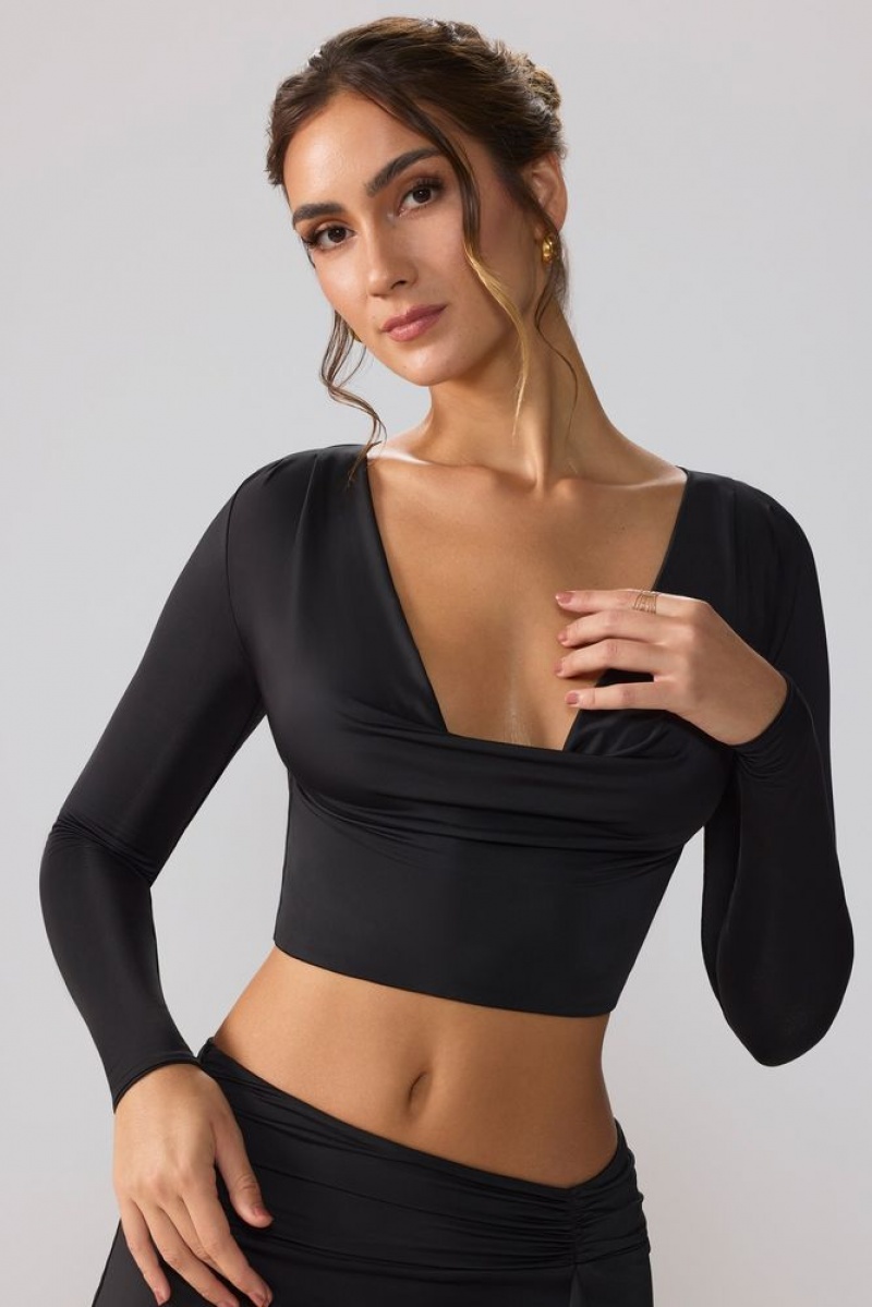 Black Oh Polly Avery Slinky Jersey Plunge Neck Long Sleeve Crop Top Top | OHED-21564