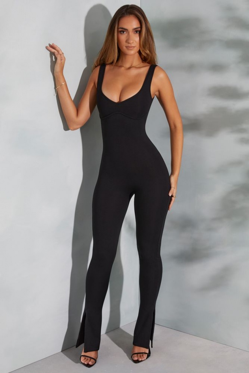 Black Oh Polly Axelle Petite Sweetheart Neckline Flare Hem Jumpsuit | HEWK-48721