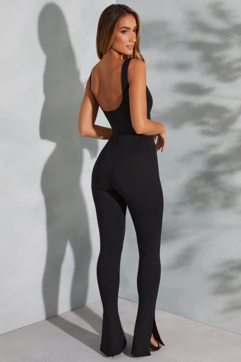 Black Oh Polly Axelle Sweetheart Neckline Flare Hem Jumpsuit | WXAI-72059