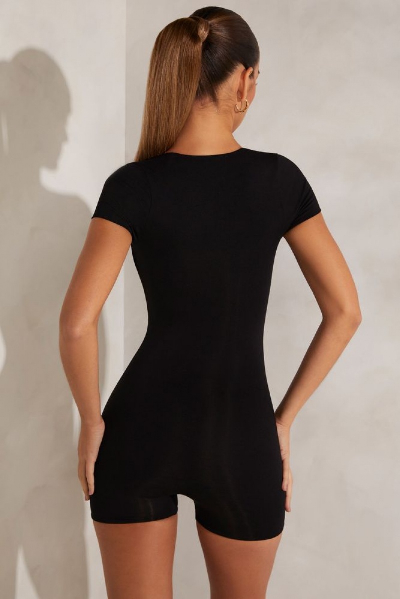 Black Oh Polly Bea Cap Sleeve Square Neck Unitard | GFEV-03596