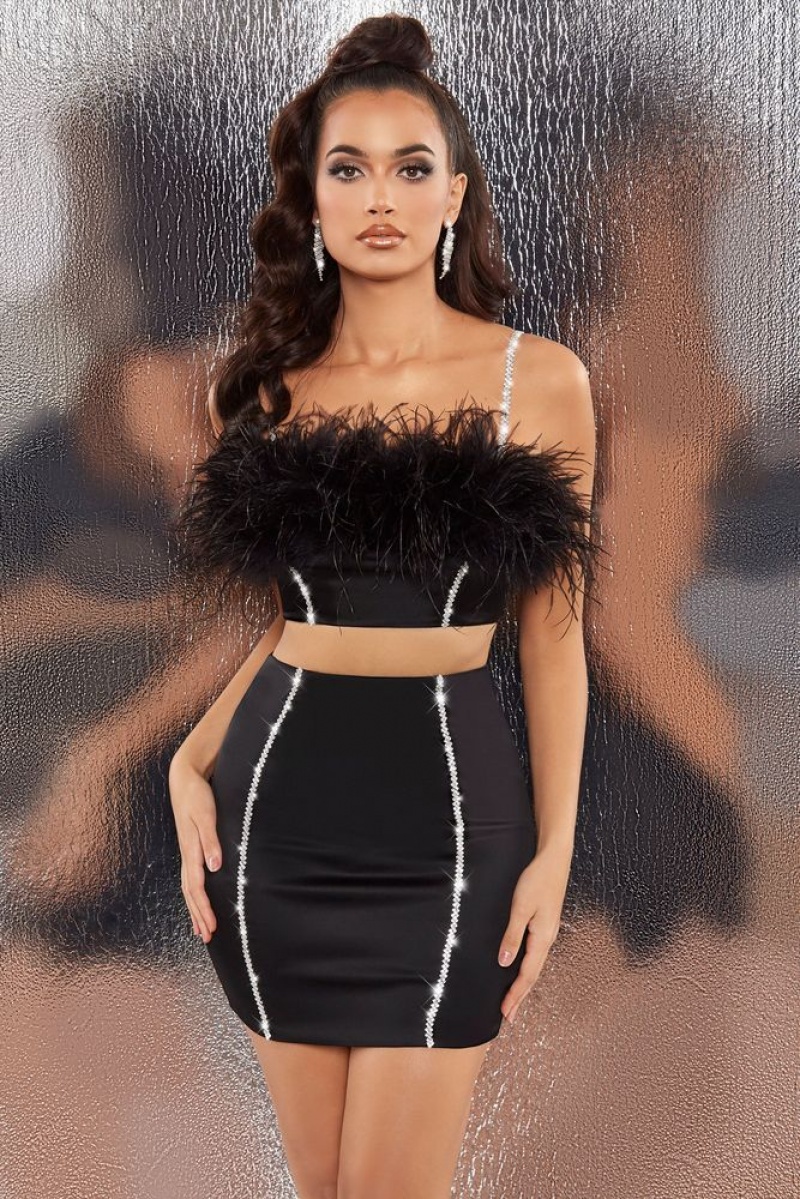 Black Oh Polly Bring The Party Embellished Satin Feather Crop Top | XKCG-50729