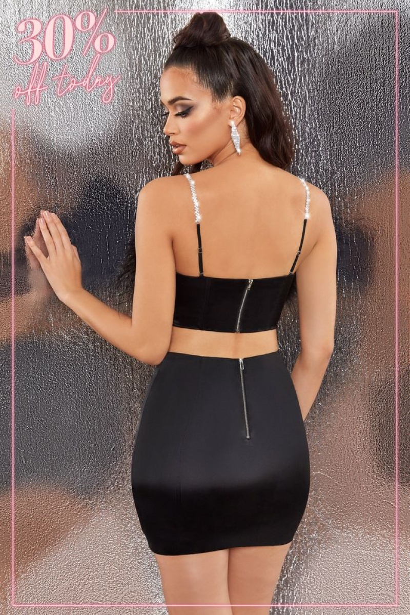 Black Oh Polly Bring The Party Embellished Satin Feather Crop Top | XKCG-50729