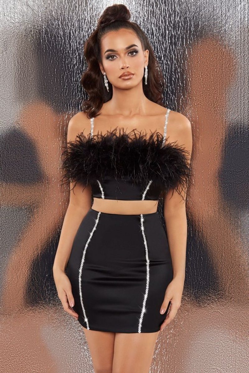 Black Oh Polly Bring The Party Embellished Satin Feather Crop Top | XKCG-50729