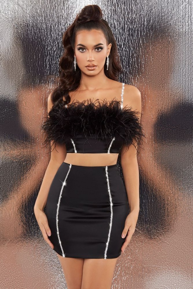 Black Oh Polly Bring The Party Embellished Satin Feather Crop Top | XKCG-50729