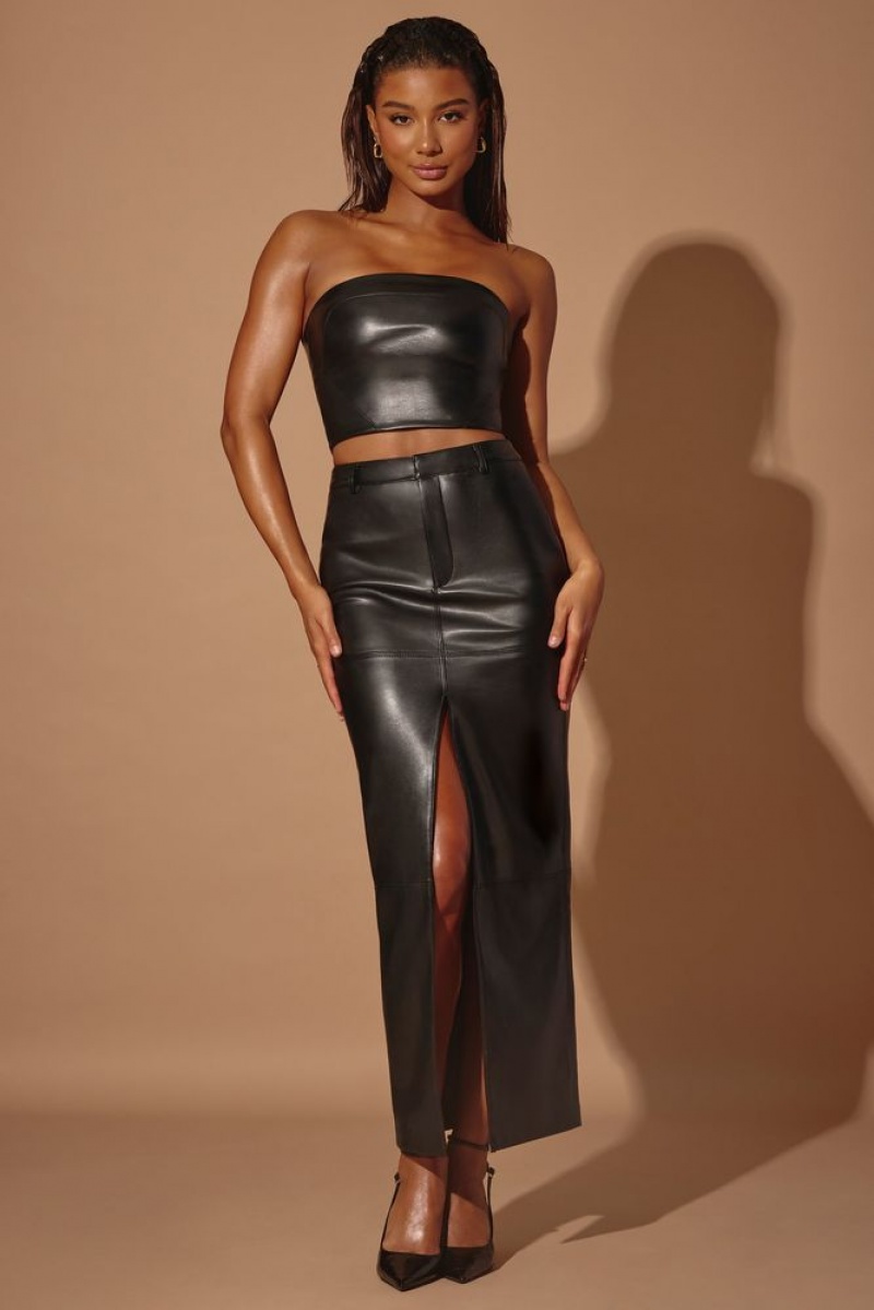 Black Oh Polly Cylan Mid-Rise Vegan Leather Maxi Skirt | HSPW-80261