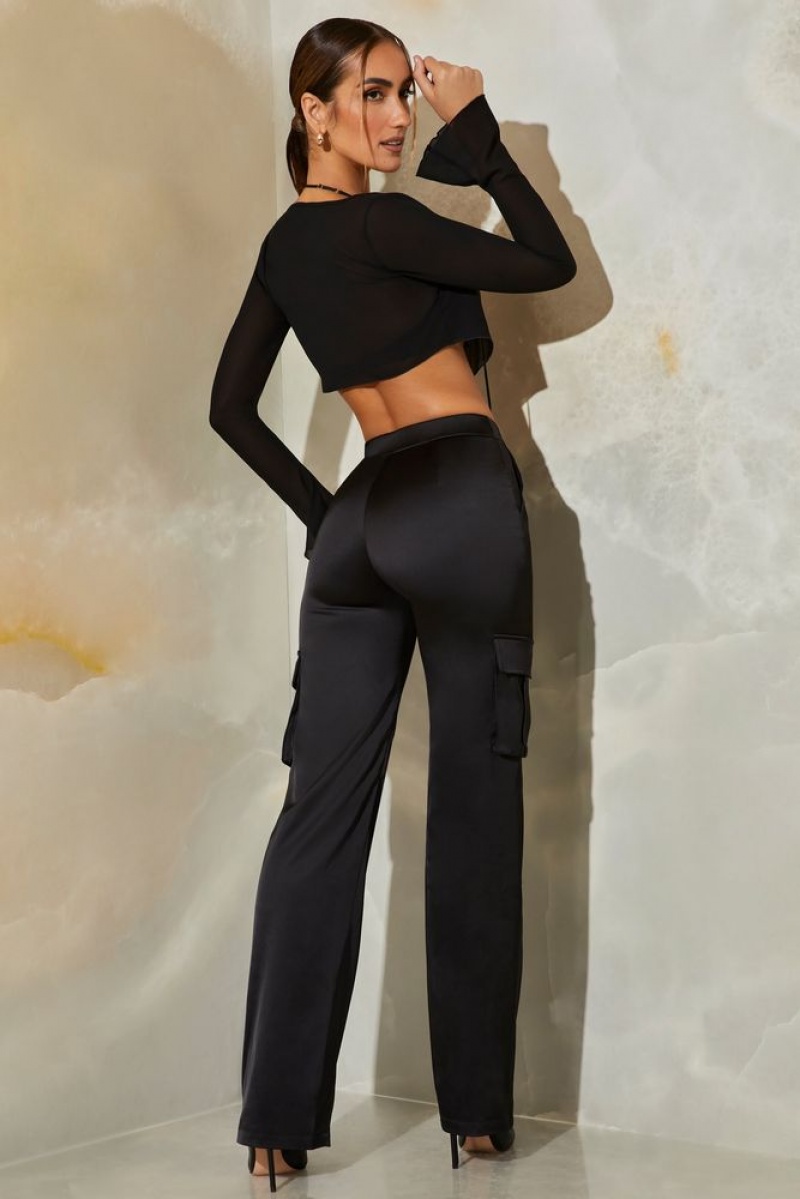 Black Oh Polly Daya Petite Satin Straight Leg Cargo Trousers | ZVCS-72538