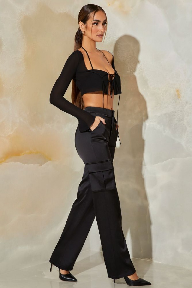 Black Oh Polly Daya Petite Satin Straight Leg Cargo Trousers | ZVCS-72538