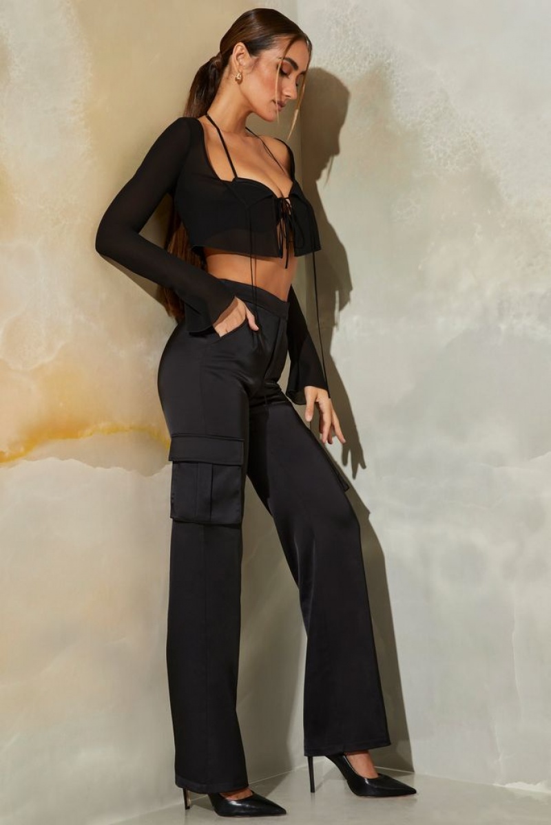 Black Oh Polly Daya Petite Satin Straight Leg Cargo Trousers | ZVCS-72538