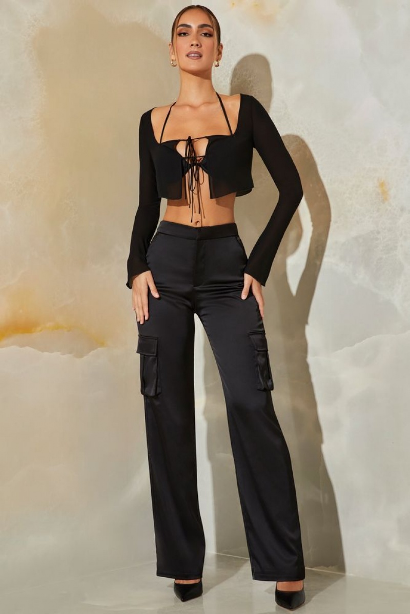 Black Oh Polly Daya Petite Satin Straight Leg Cargo Trousers | ZVCS-72538