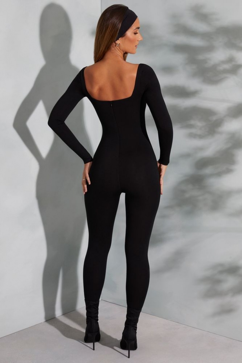 Black Oh Polly Delanie Square Neck Long Sleeve Jumpsuit | FPNT-31968