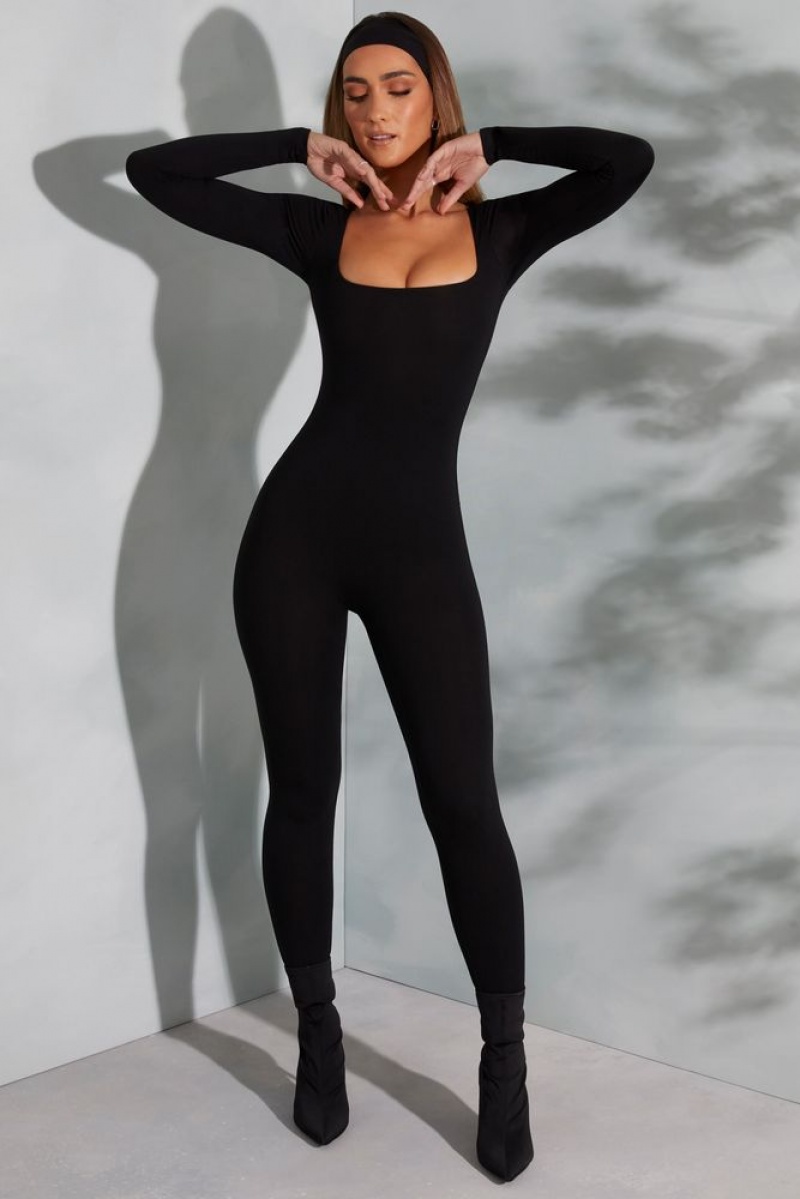 Black Oh Polly Delanie Square Neck Long Sleeve Jumpsuit | FPNT-31968