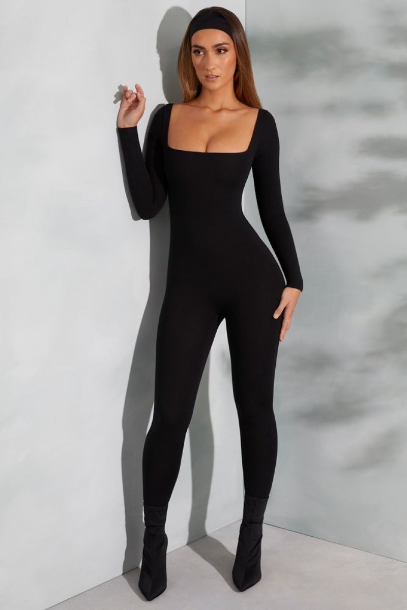 Black Oh Polly Delanie Square Neck Long Sleeve Jumpsuit | FPNT-31968