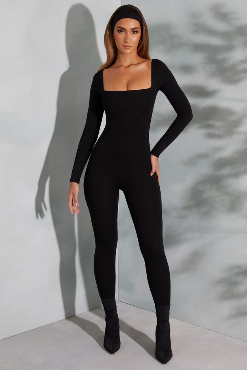 Black Oh Polly Delanie Square Neck Long Sleeve Jumpsuit | FPNT-31968