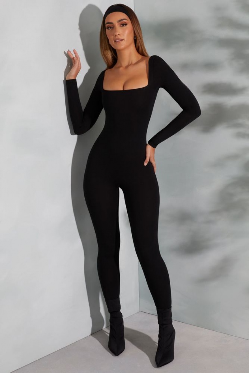 Black Oh Polly Delanie Tall Square Neck Long Sleeve Jumpsuit | PADG-57649