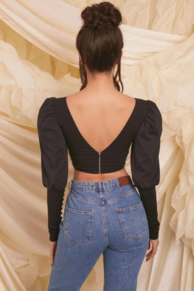 Black Oh Polly Diamond Heart Plunge Neck Puff Sleeve Crop Top | SGYX-28671