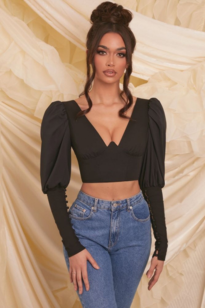 Black Oh Polly Diamond Heart Plunge Neck Puff Sleeve Crop Top | SGYX-28671