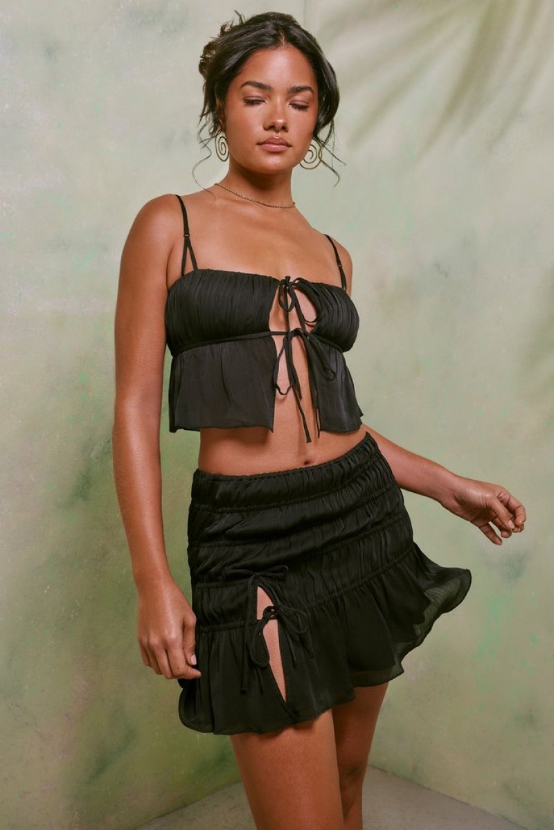 Black Oh Polly Dina Shirred Tie Up Front Crop Top | VNOX-79250