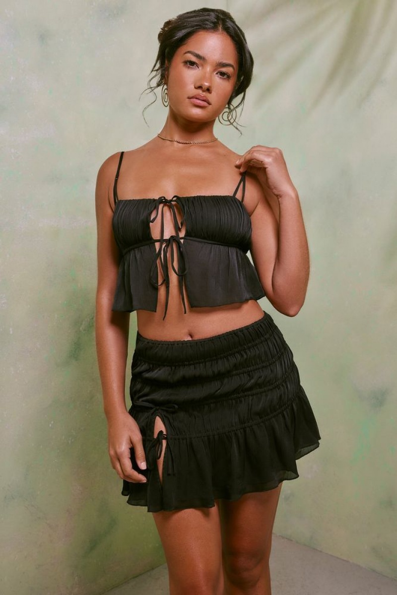 Black Oh Polly Dina Shirred Tie Up Front Crop Top | VNOX-79250