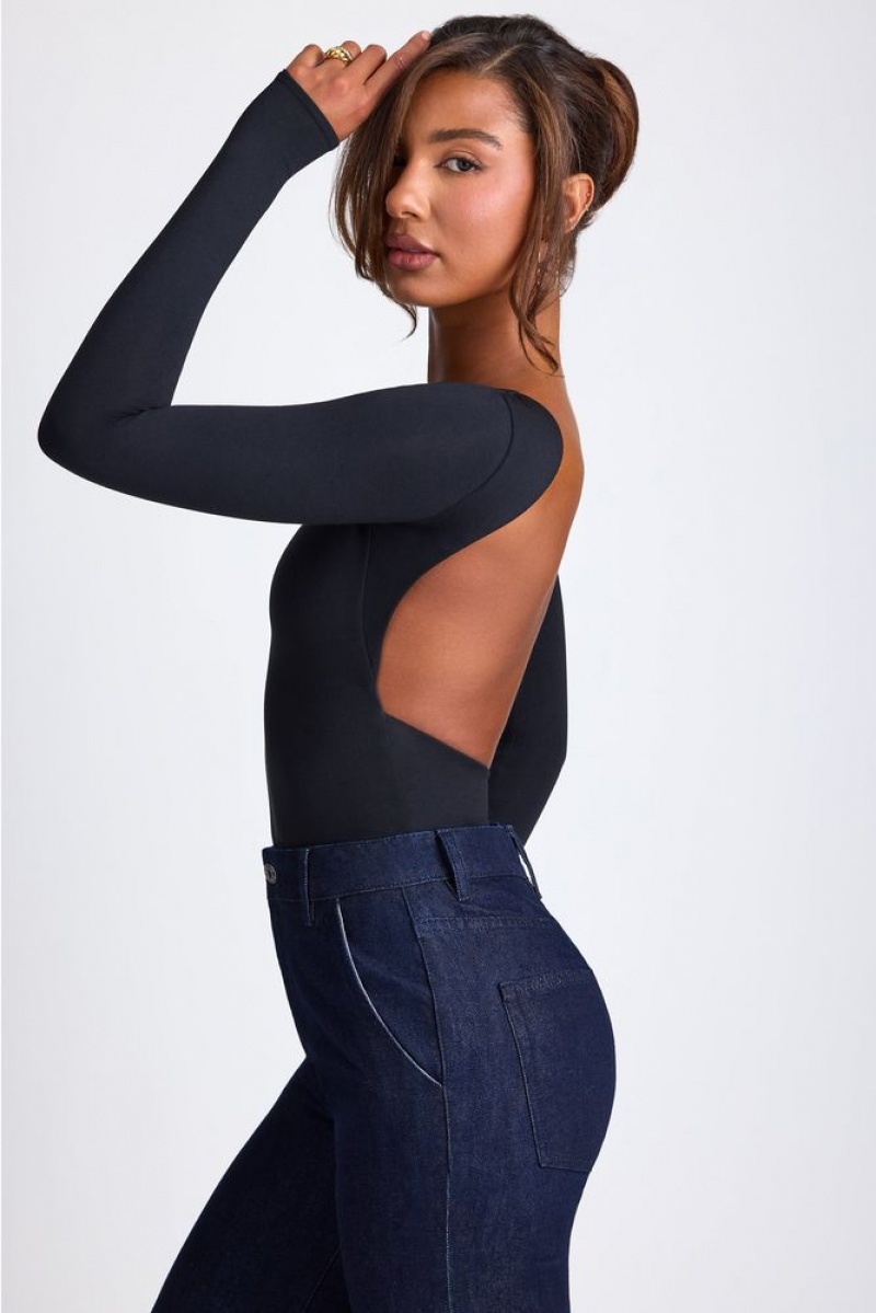 Black Oh Polly Elli Modal High Neck Long Sleeve Open Back Top | VEWZ-35782