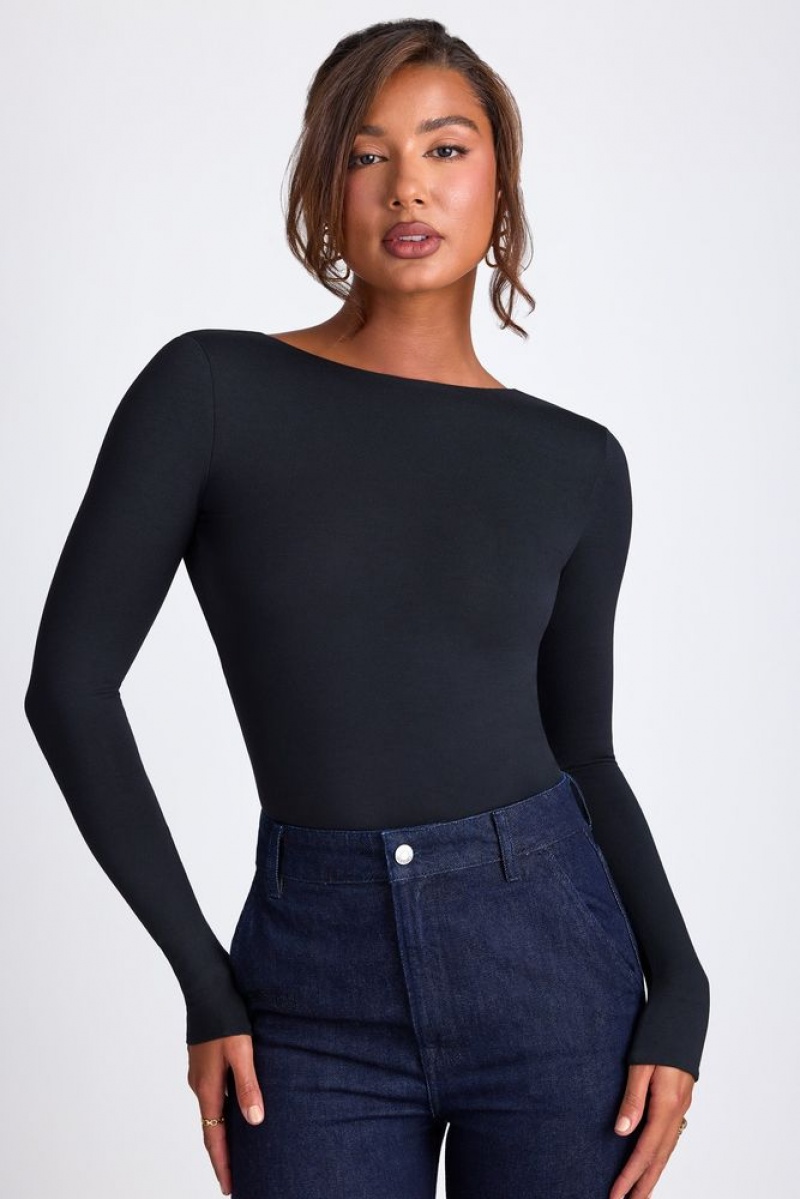 Black Oh Polly Elli Modal High Neck Long Sleeve Open Back Top | VEWZ-35782