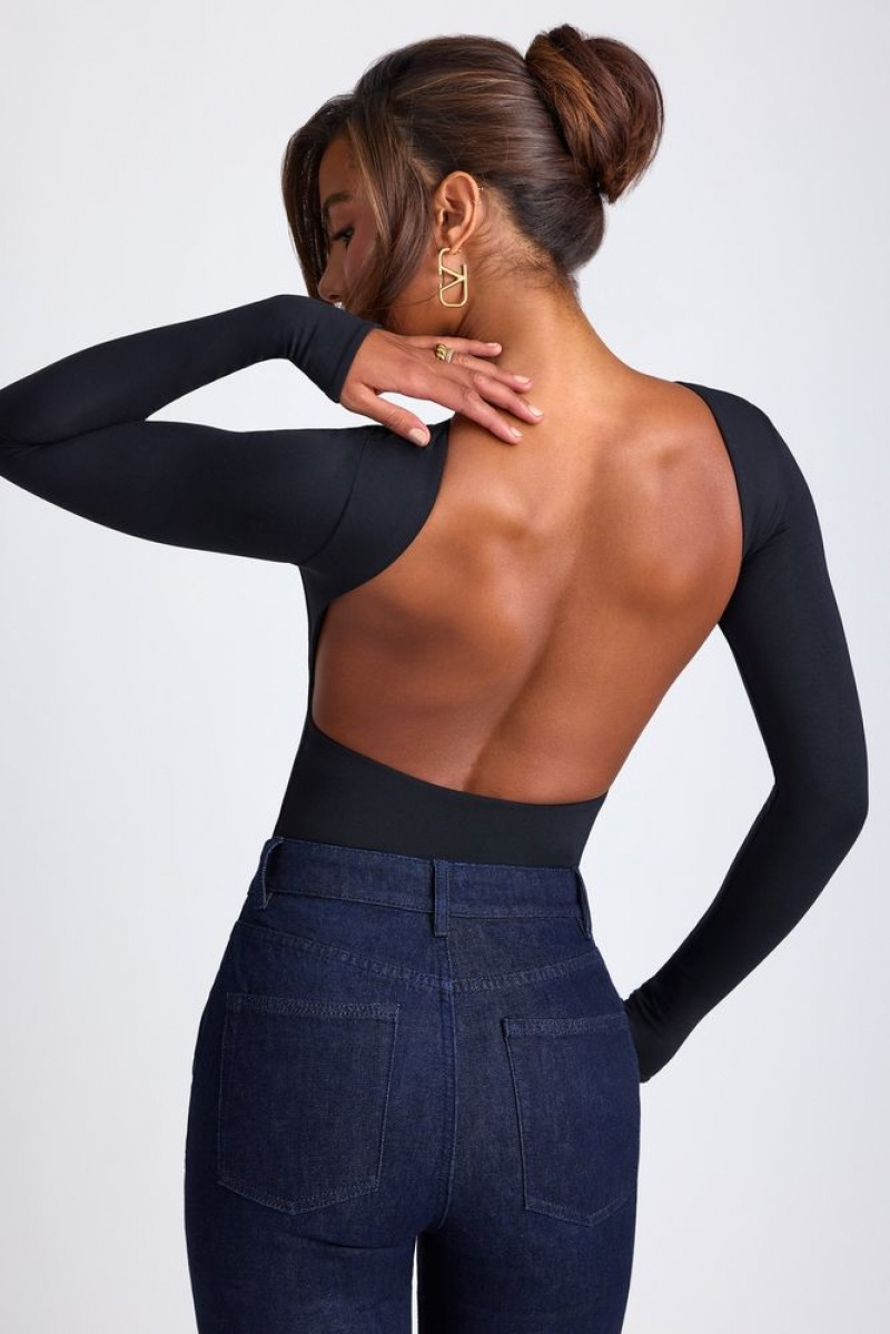 Black Oh Polly Elli Modal High Neck Long Sleeve Open Back Top | VEWZ-35782