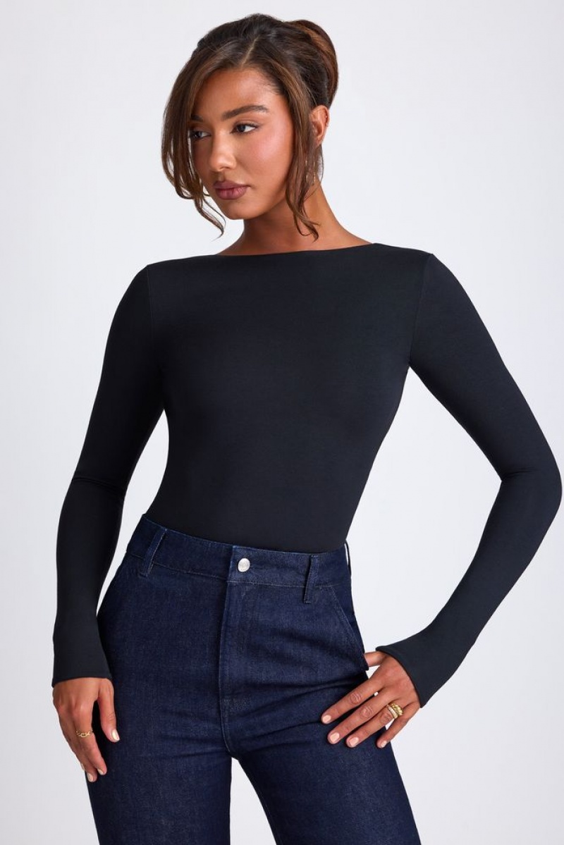 Black Oh Polly Elli Modal High Neck Long Sleeve Open Back Top | VEWZ-35782