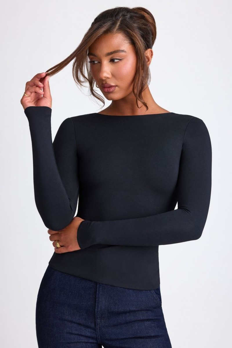 Black Oh Polly Elli Modal High Neck Long Sleeve Open Back Top | VEWZ-35782