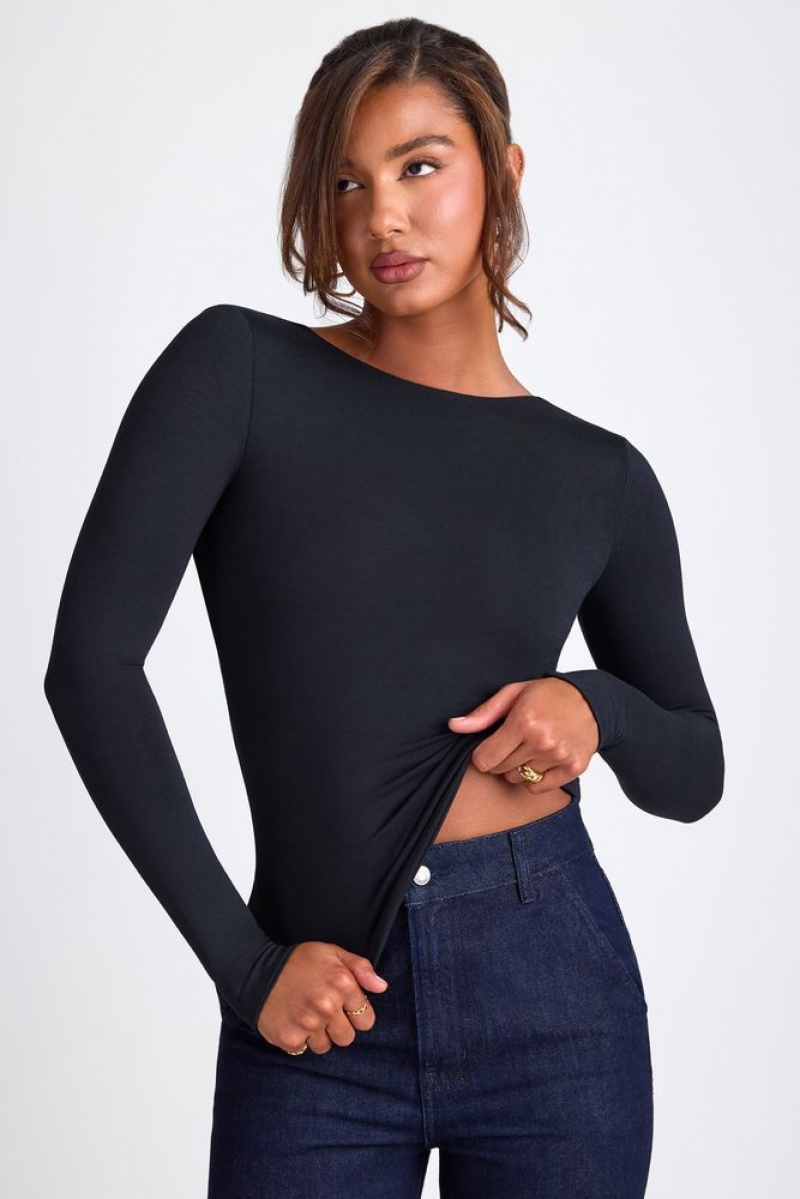 Black Oh Polly Elli Modal High Neck Long Sleeve Open Back Top | VEWZ-35782