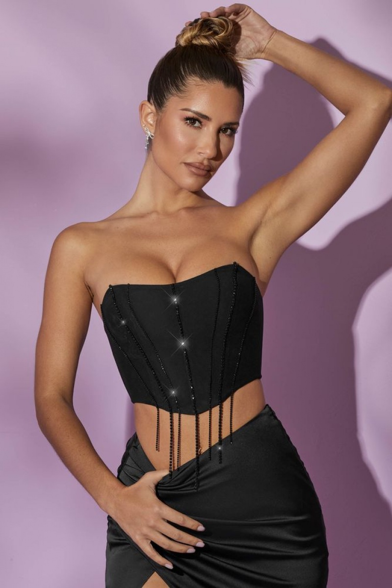 Black Oh Polly Esmeralda Embellished Corset Top | MTGO-63418