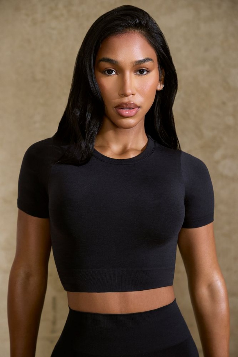 Black Oh Polly Excel Define Luxe Baby Tee Crop Top | OBKZ-26748