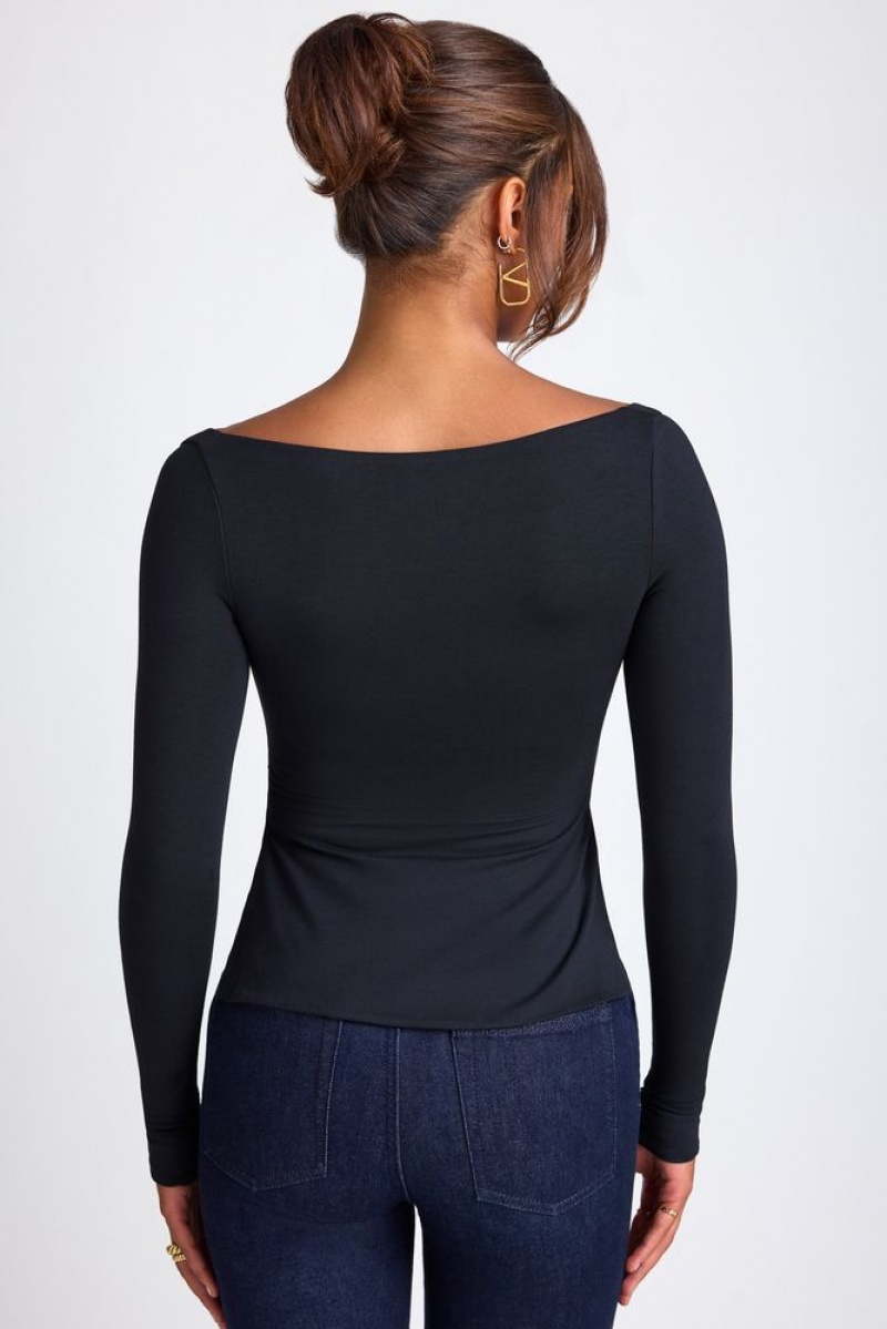 Black Oh Polly Fiora Modal Sweetheart Neckline Long Sleeve Top | GUTP-79318